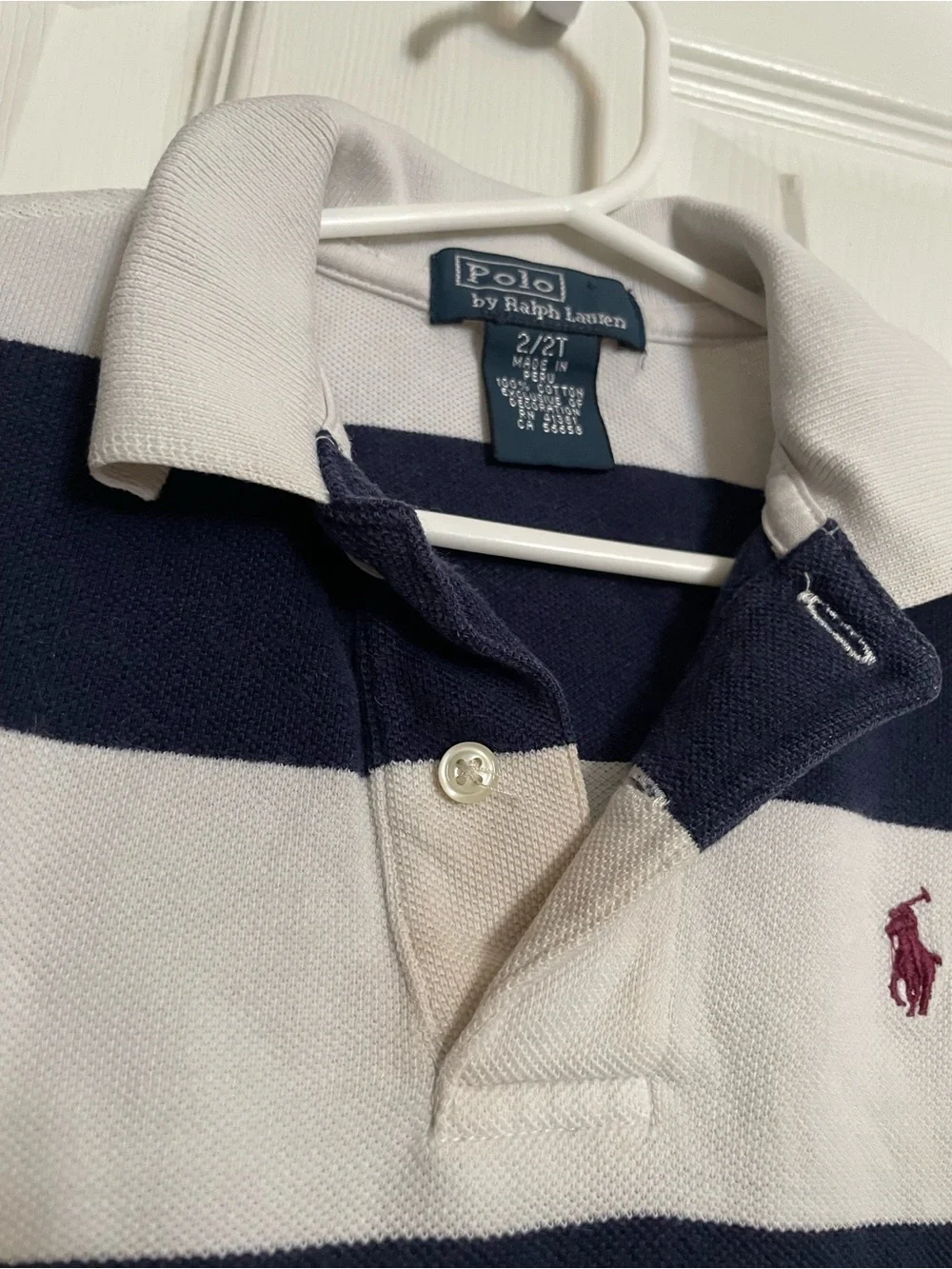 Polo by Ralph Lauren Boys' 2T Navy & White Striped Rugby Polo with Red Logo